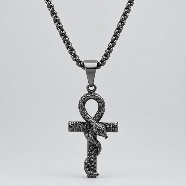Men’s Black IP Stainless Steel Snake & Cross Pendant Biker Necklace
