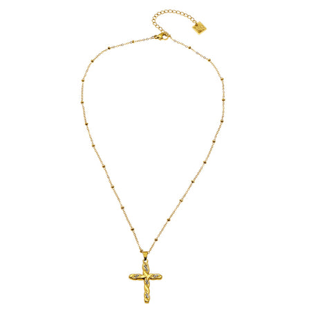 CHAMONIX Gold: Dainty Beaded Chain Necklace with a Zirconia Embedded Textured Cross Pandent