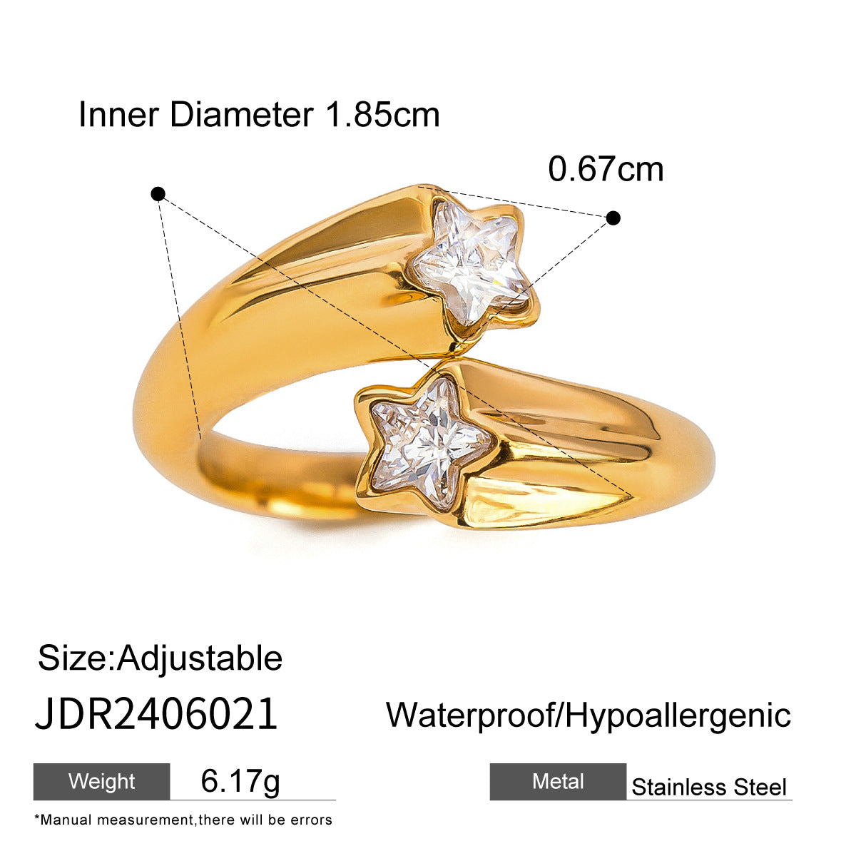 Bague ouverte géométrique en acier inoxydable et zircons