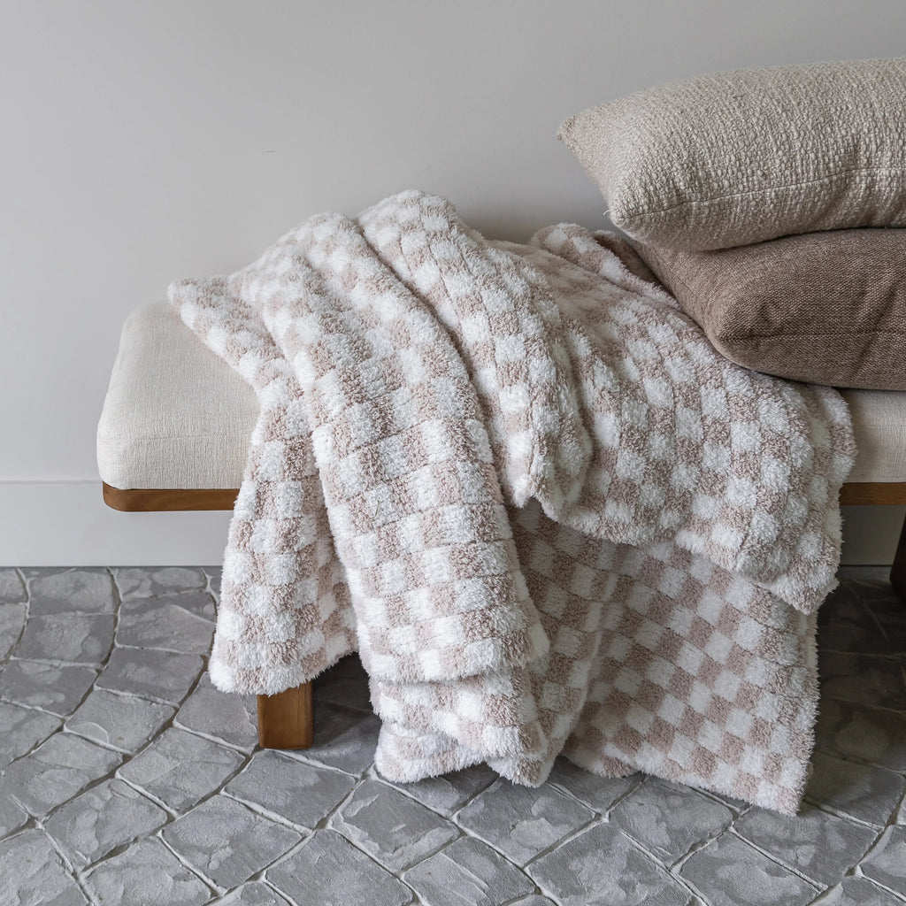 Couverture à carreaux beige et blanc, grand format