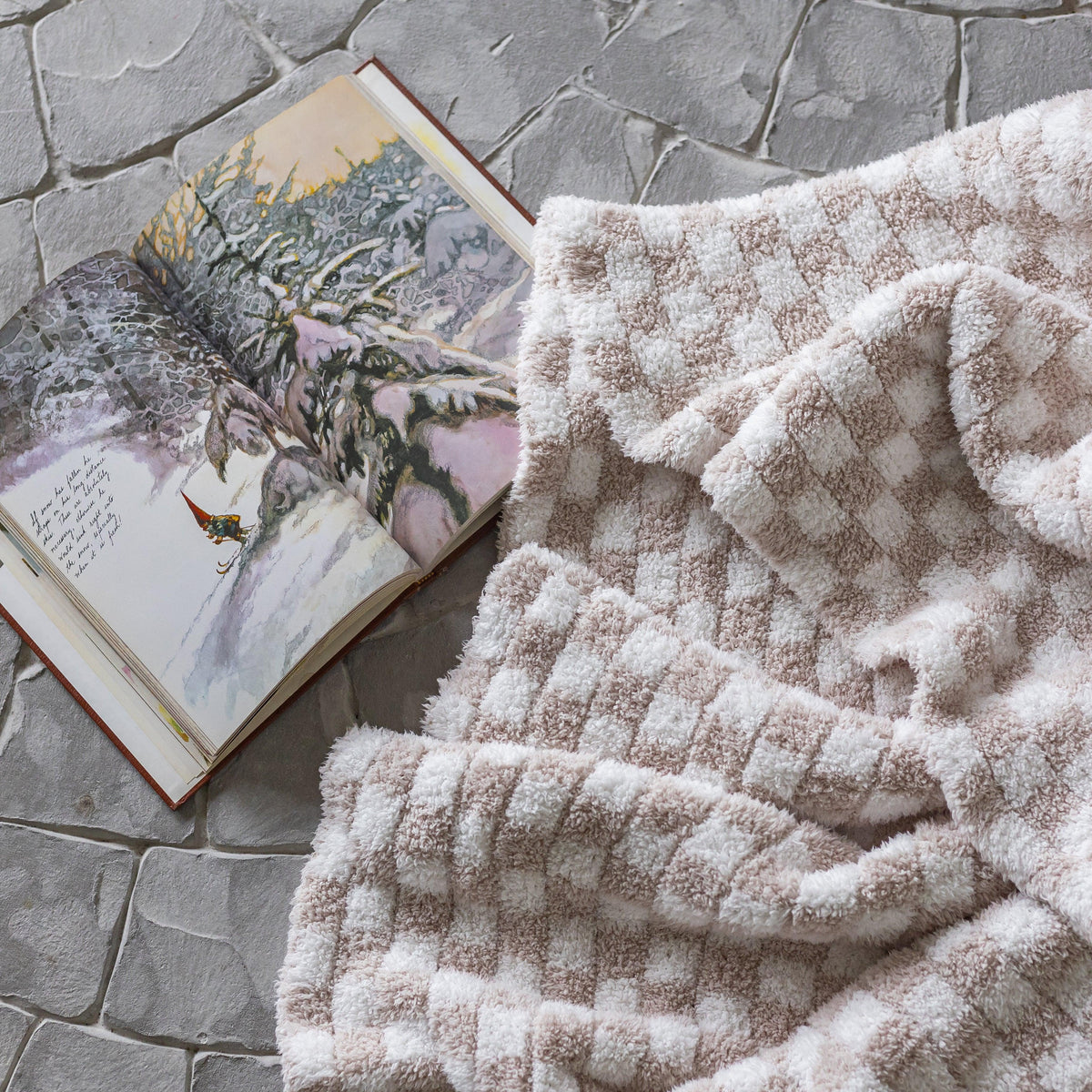 Couverture à carreaux beige et blanc, grand format