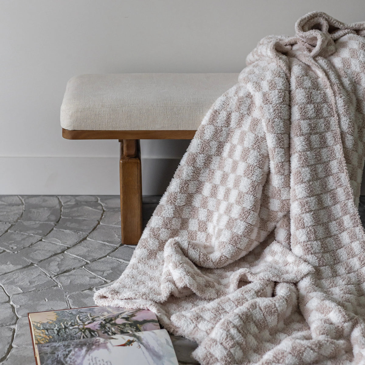 Couverture à carreaux beige et blanc, grand format