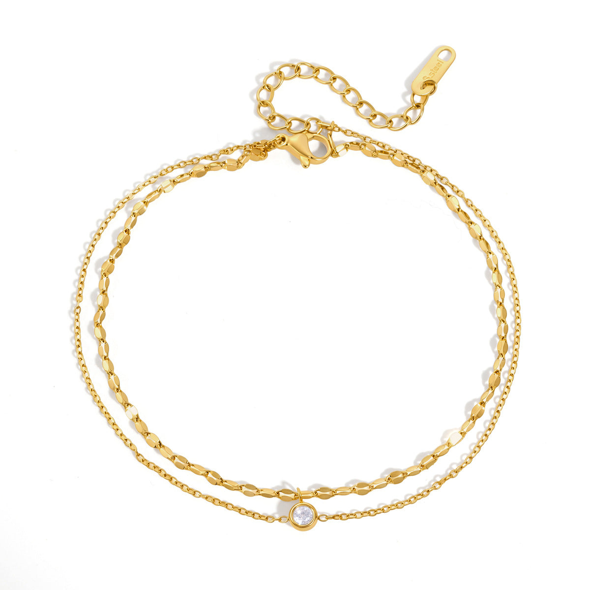 Bracelet de cheville double couche en acier inoxydable et zircons