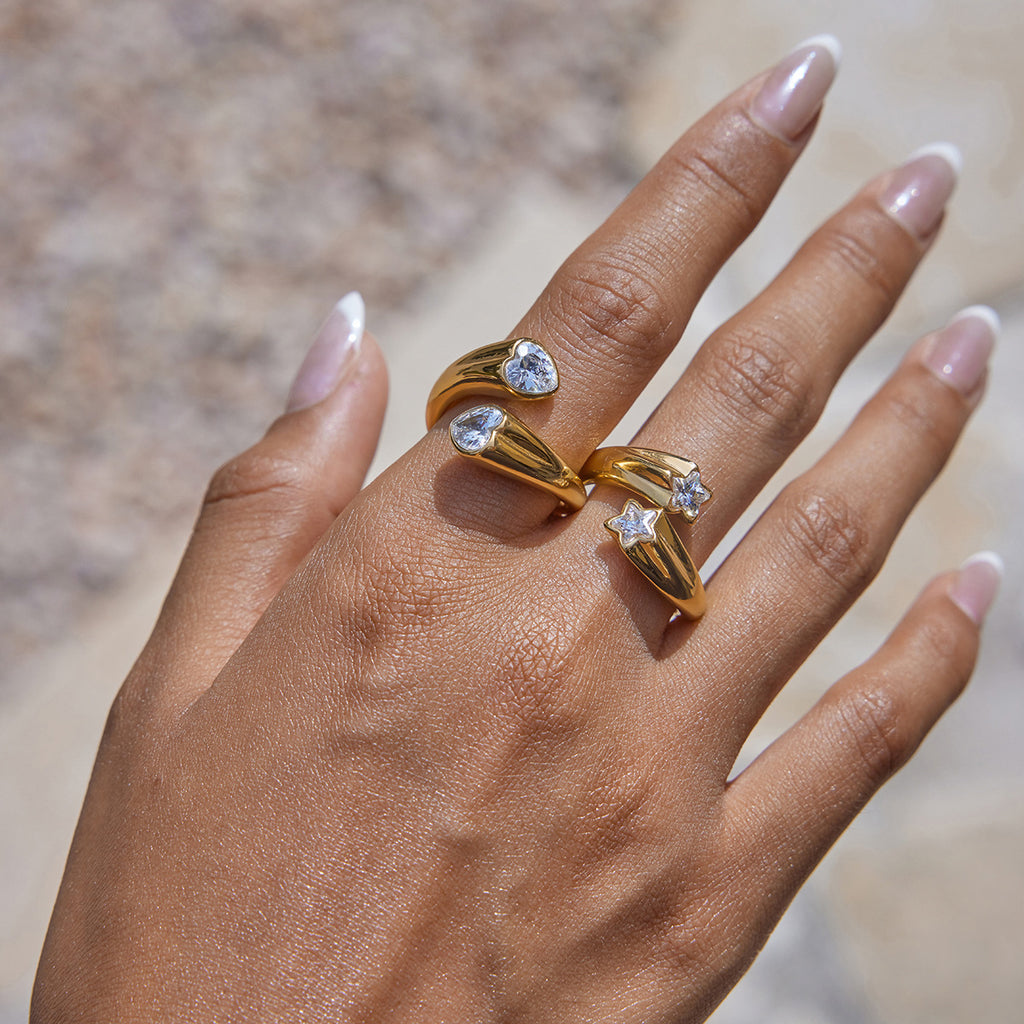 Bague ouverte géométrique en acier inoxydable et zircons