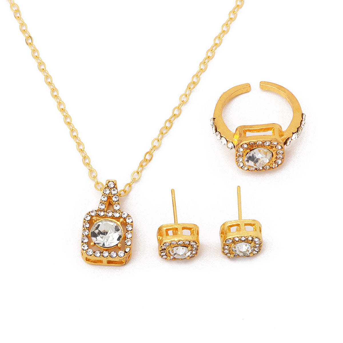 Parure carrée en strass : collier, bague et boucles d'oreilles