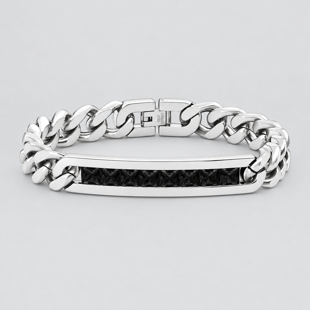 Bracelet pour homme en acier inoxydable argenté, texture diamant noir