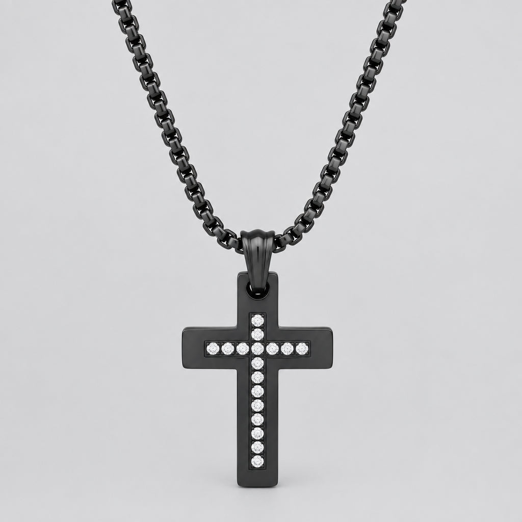 Men's Black Steel Cross Necklace with Stones. Rolo Chain Biker Pendant