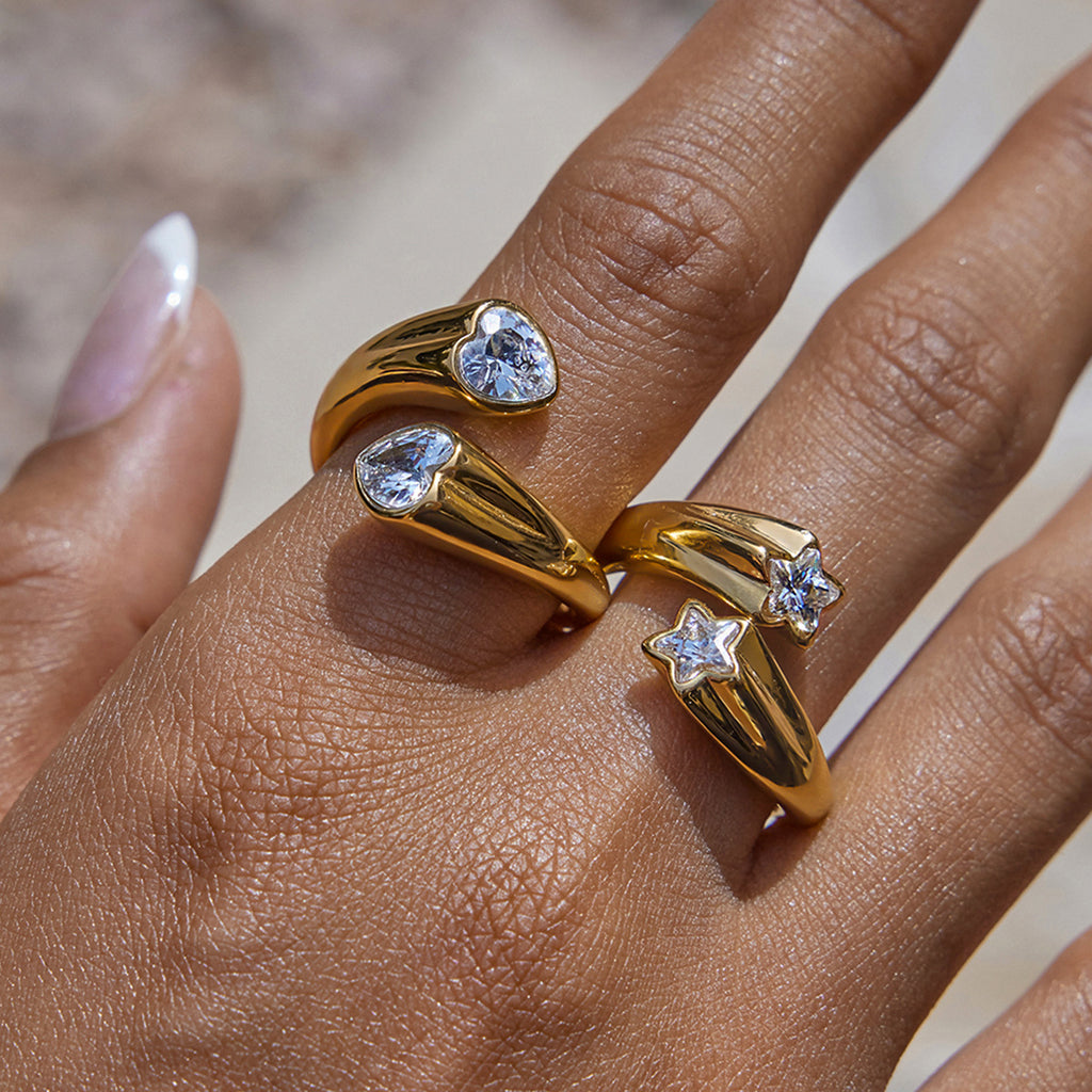 Bague ouverte géométrique en acier inoxydable et zircons