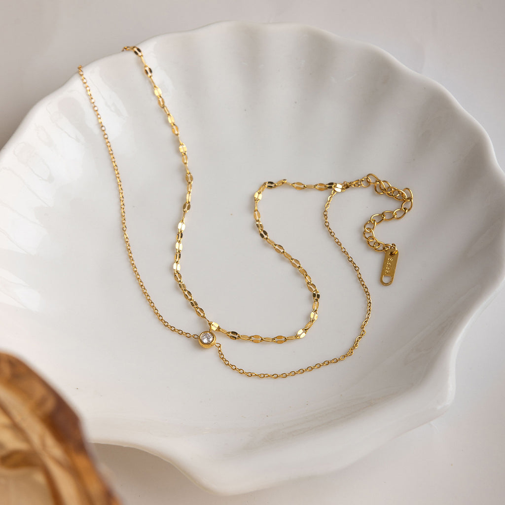 Bracelet de cheville double couche en acier inoxydable et zircons