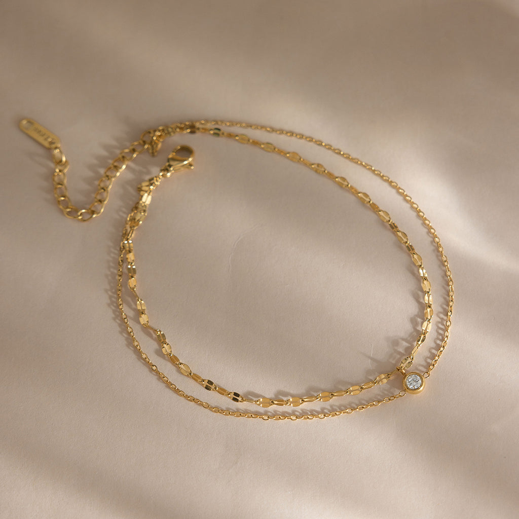 Bracelet de cheville double couche en acier inoxydable et zircons