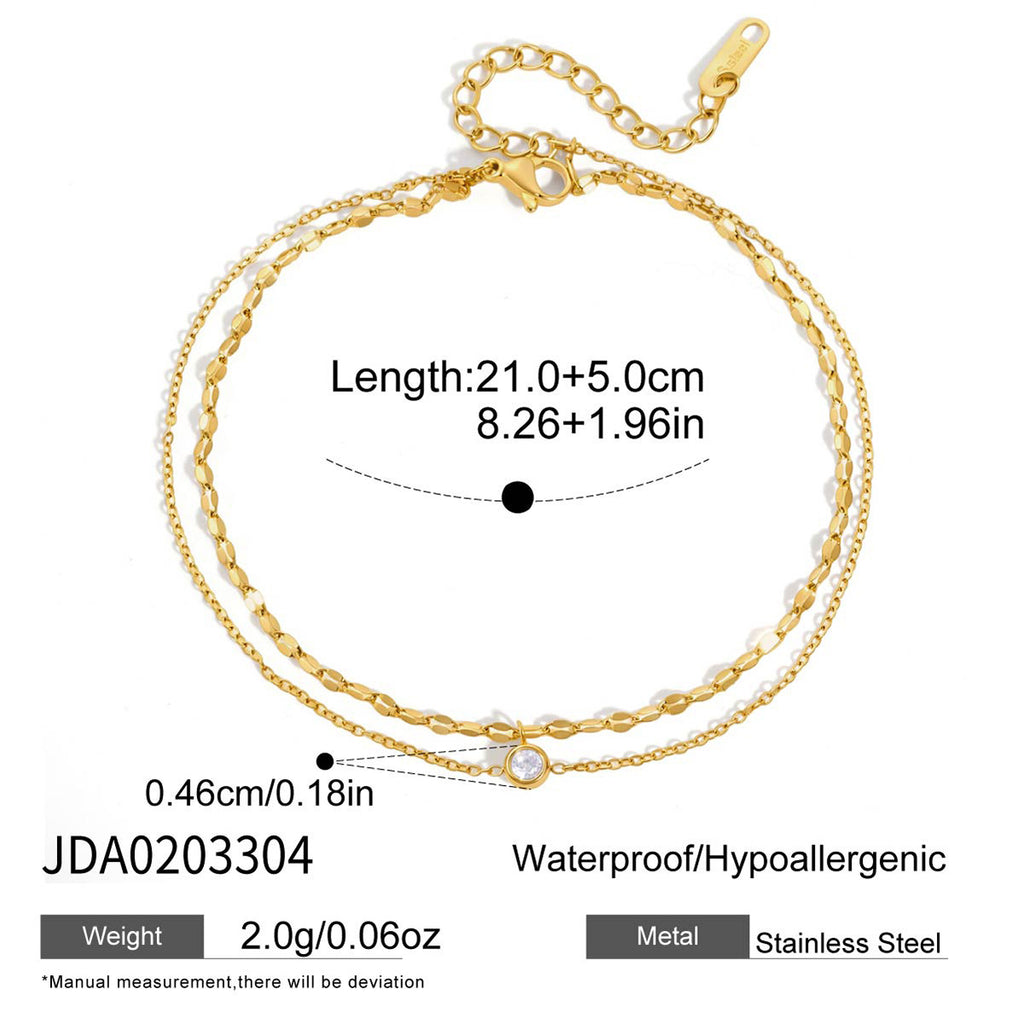 Bracelet de cheville double couche en acier inoxydable et zircons