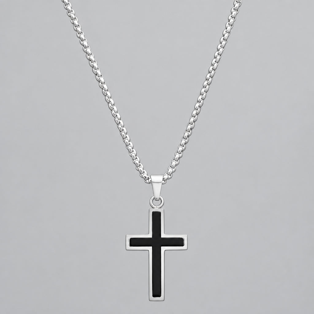 Collier pendentif croix pour homme en acier inoxydable, argent et noir