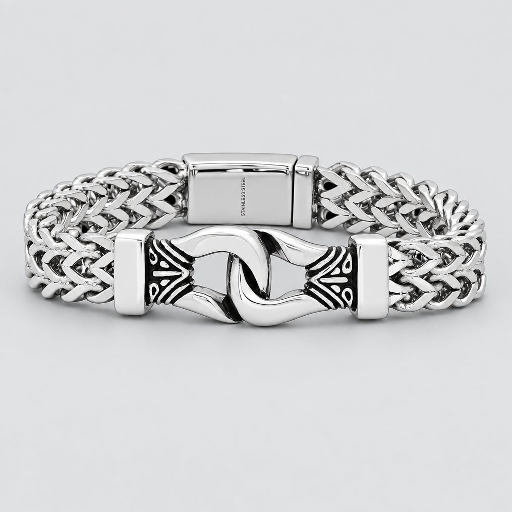 Bracelet chaîne épi double rang pour homme en acier inoxydable, design à boucle
