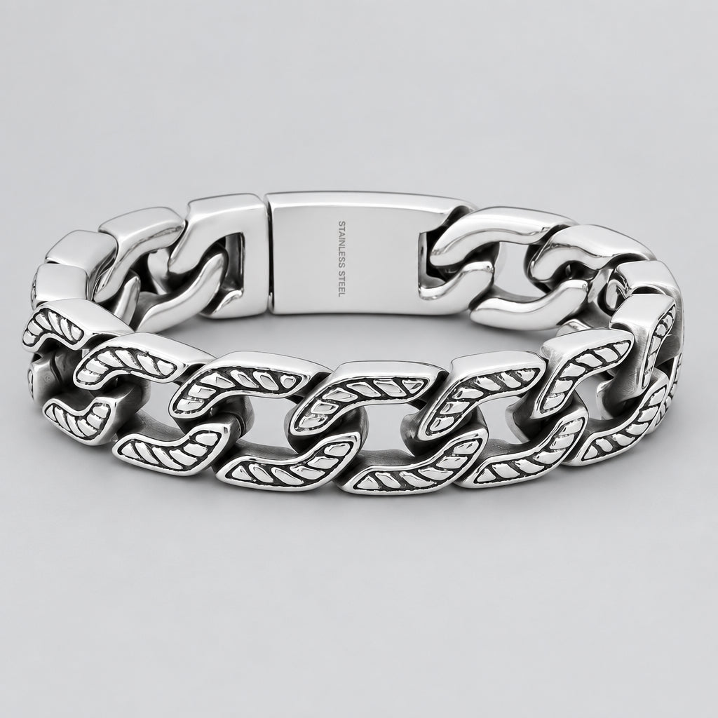 Bracelet à maillons cubains épais pour homme en acier inoxydable, accent chevron oxydé