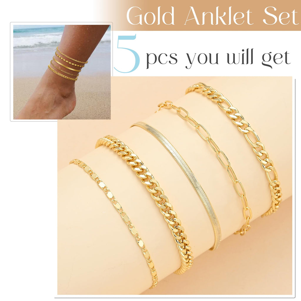 Ensemble de 5 bracelets de cheville dorés pour femme, chaîne cubaine plaquée or 14 k, étanches, ajustables