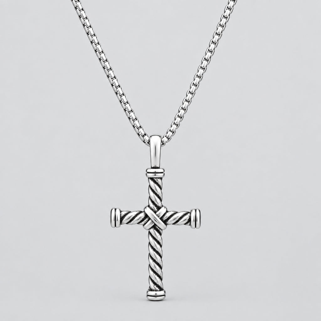 Collier pendentif croix pour homme en acier inoxydable, câble torsadé, finition oxydée