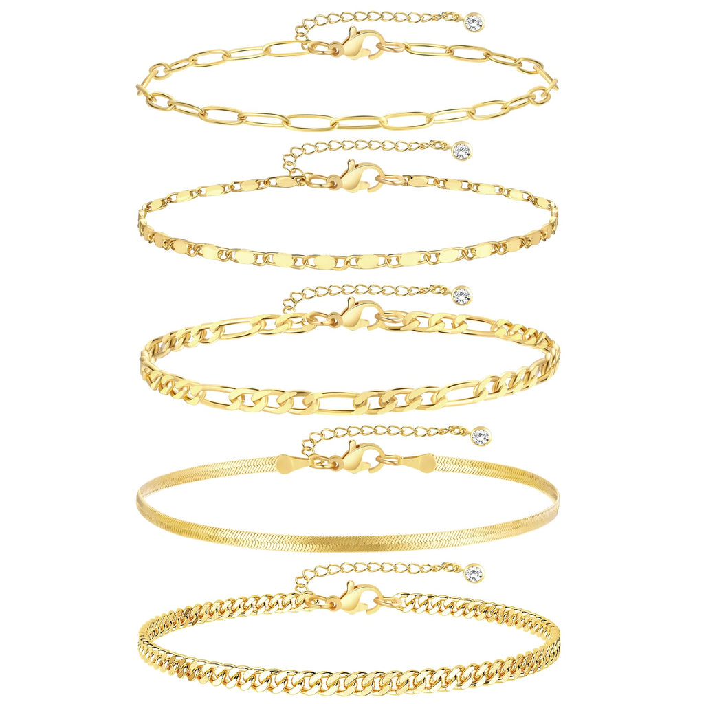 Ensemble de 5 bracelets de cheville dorés pour femme, chaîne cubaine plaquée or 14 k, étanches, ajustables