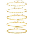 Ensemble de 5 bracelets de cheville dorés pour femme, chaîne cubaine plaquée or 14 k, étanches, ajustables