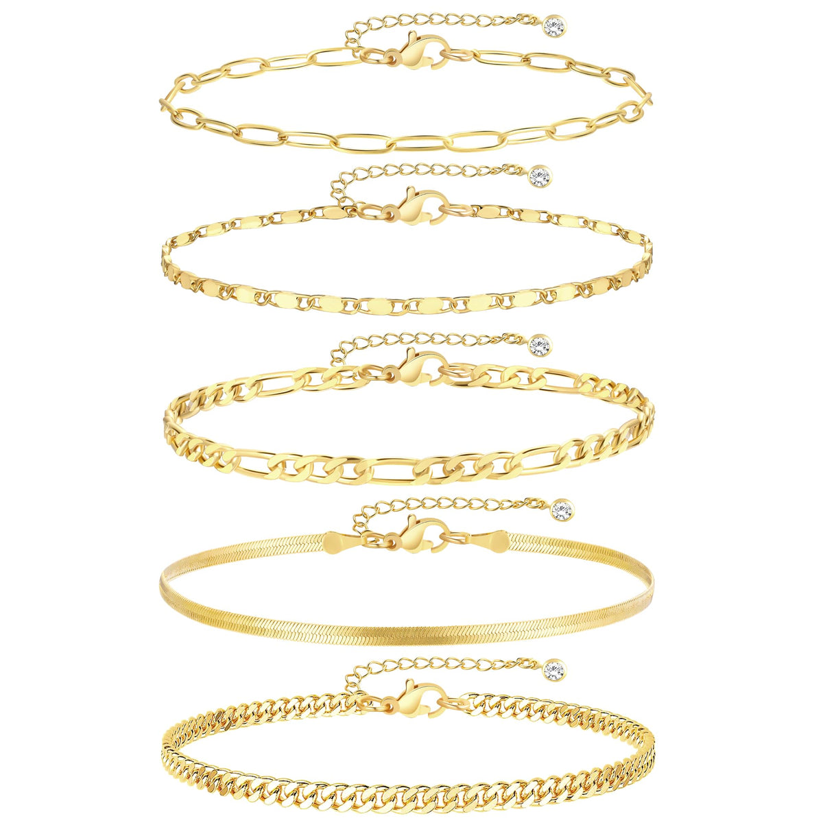 Ensemble de 5 bracelets de cheville dorés pour femme, chaîne cubaine plaquée or 14 k, étanches, ajustables