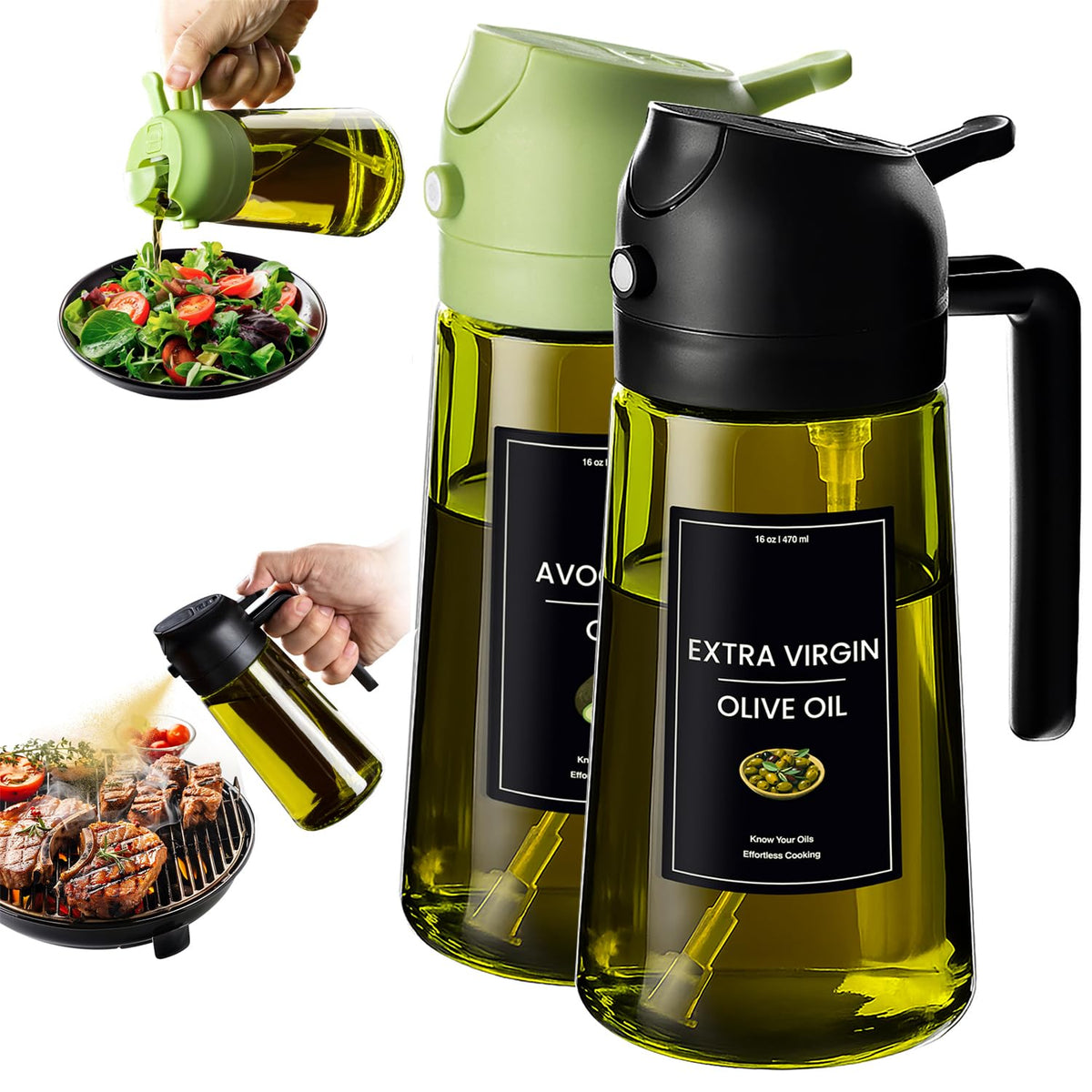 Bouteille d'huile d'olive 2 en 1, verseur et vaporisateur, 470 ml