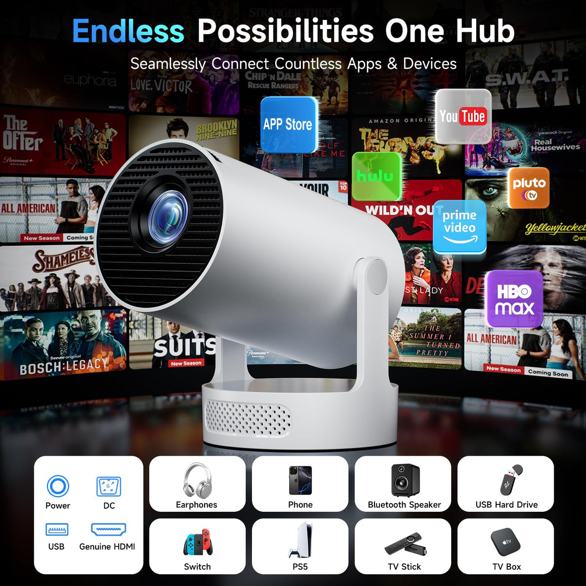Mini projecteur Kimwood avec haut-parleur, 1080P, WiFi 6