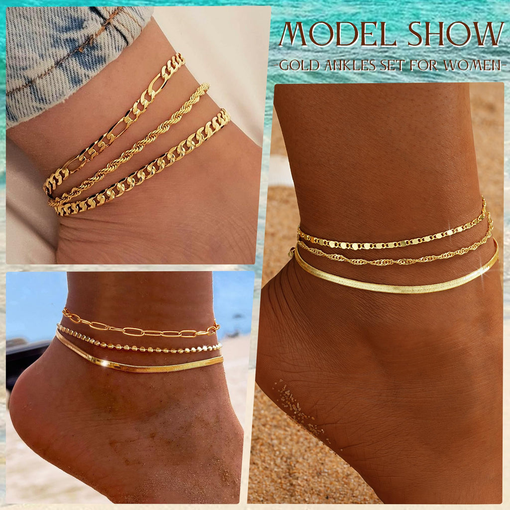 Ensemble de 5 bracelets de cheville dorés pour femme, chaîne cubaine plaquée or 14 k, étanches, ajustables