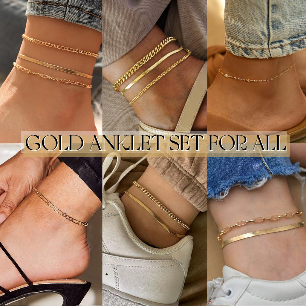 Ensemble de 5 bracelets de cheville dorés pour femme, chaîne cubaine plaquée or 14 k, étanches, ajustables