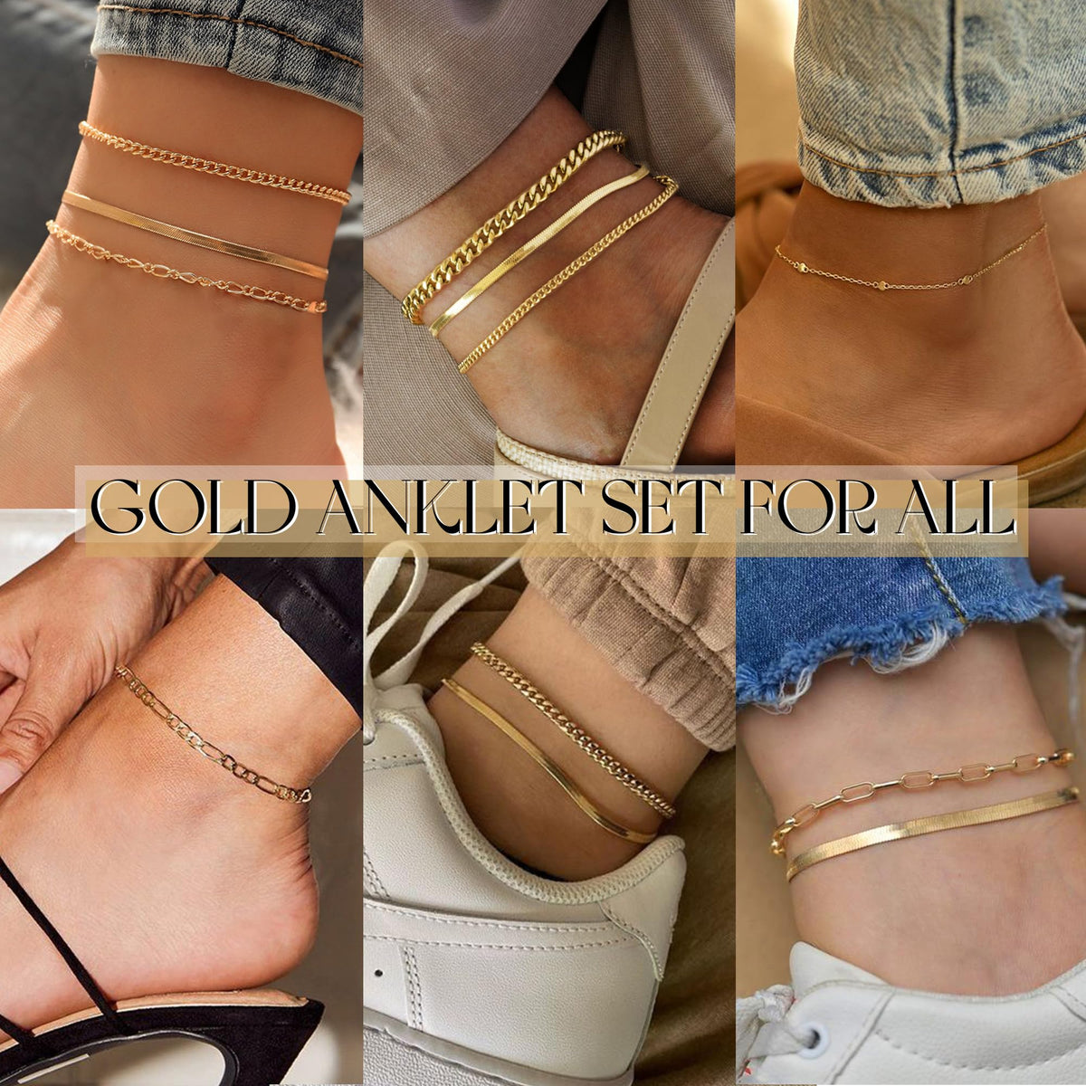 Ensemble de 5 bracelets de cheville dorés pour femme, chaîne cubaine plaquée or 14 k, étanches, ajustables