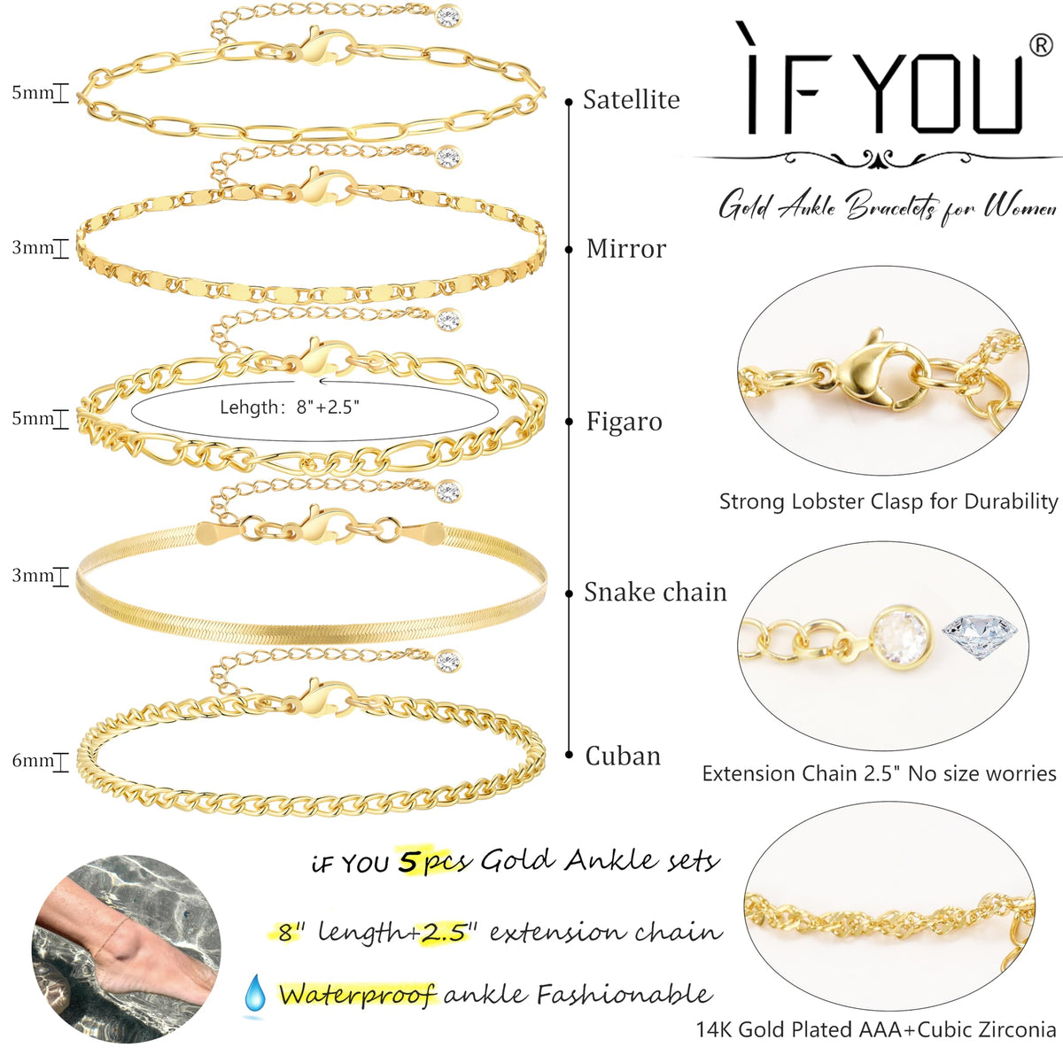 Ensemble de 5 bracelets de cheville dorés pour femme, chaîne cubaine plaquée or 14 k, étanches, ajustables