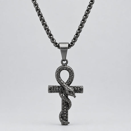 Men’s Black IP Stainless Steel Snake & Cross Pendant Biker Necklace