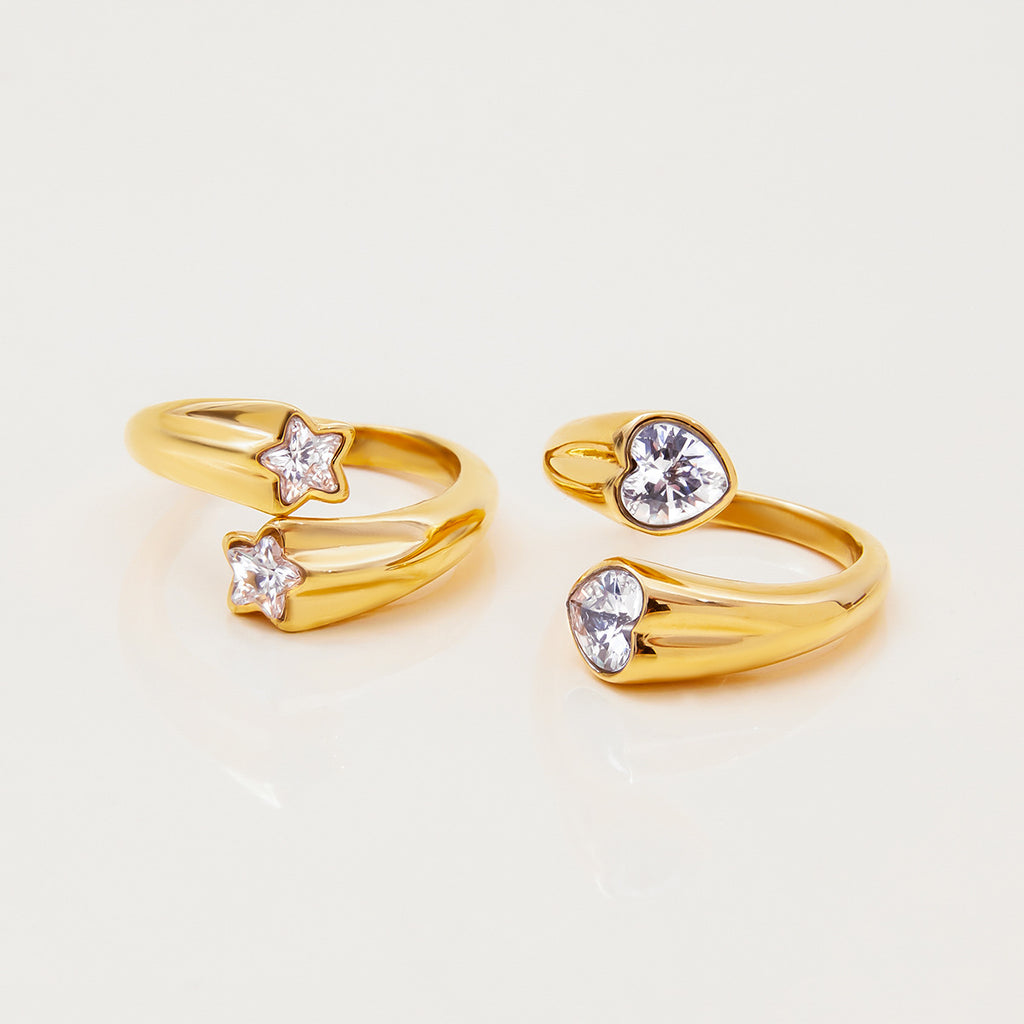 Bague ouverte géométrique en acier inoxydable et zircons