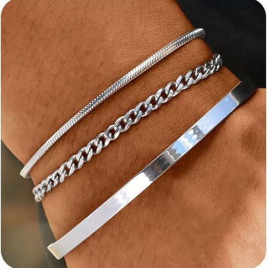Ensemble de bracelets superposés géométriques en acier inoxydable