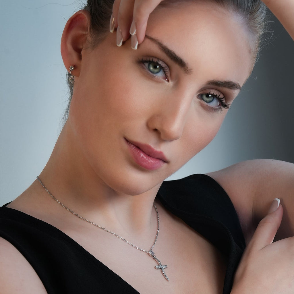 CRISTO Silver (White Gold): Dainty Chain Necklace with a Zirconia Embedded Abstract Textured Cross Pendent