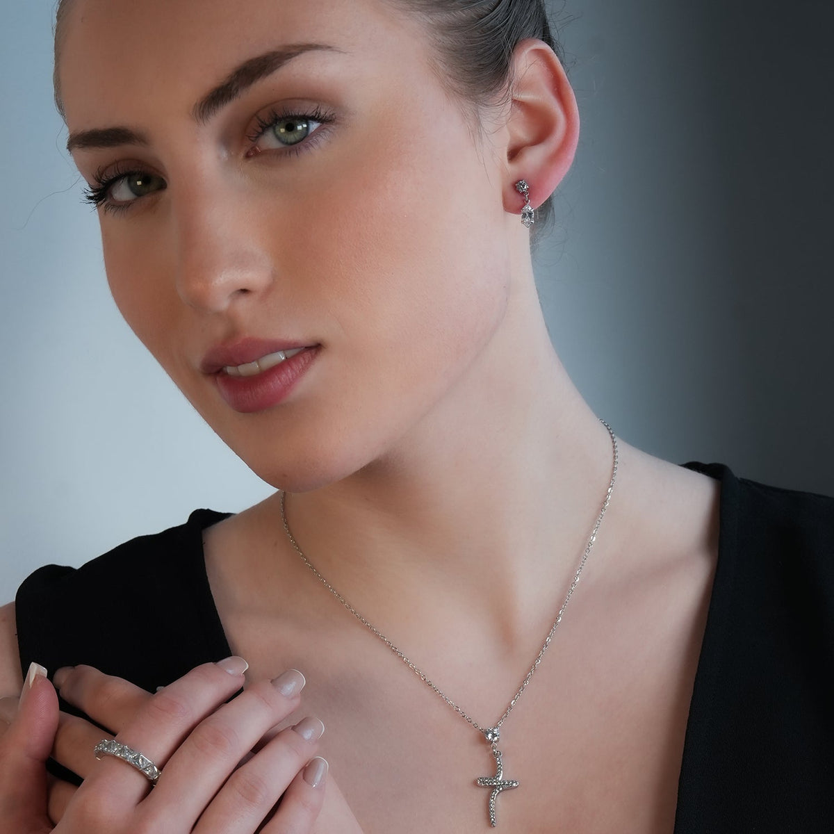 CRISTO Silver (White Gold): Dainty Chain Necklace with a Zirconia Embedded Abstract Textured Cross Pendent