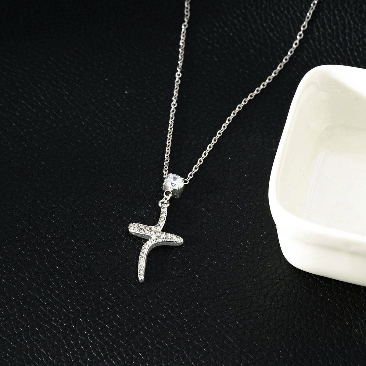 CRISTO Silver (White Gold): Dainty Chain Necklace with a Zirconia Embedded Abstract Textured Cross Pendent