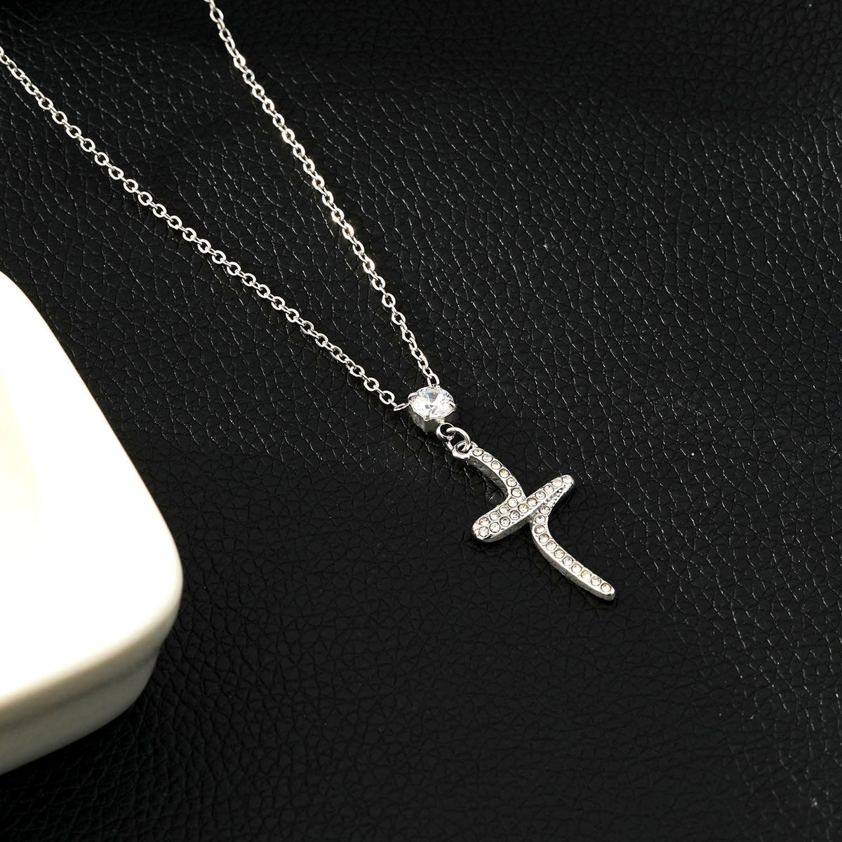 CRISTO Silver (White Gold): Dainty Chain Necklace with a Zirconia Embedded Abstract Textured Cross Pendent