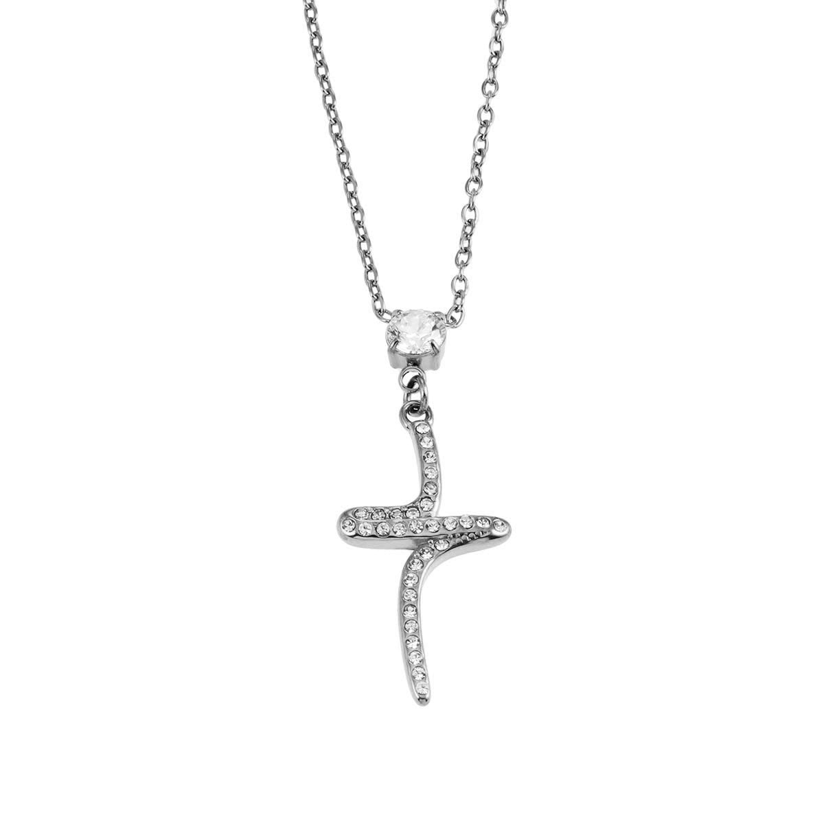 CRISTO Silver (White Gold): Dainty Chain Necklace with a Zirconia Embedded Abstract Textured Cross Pendent