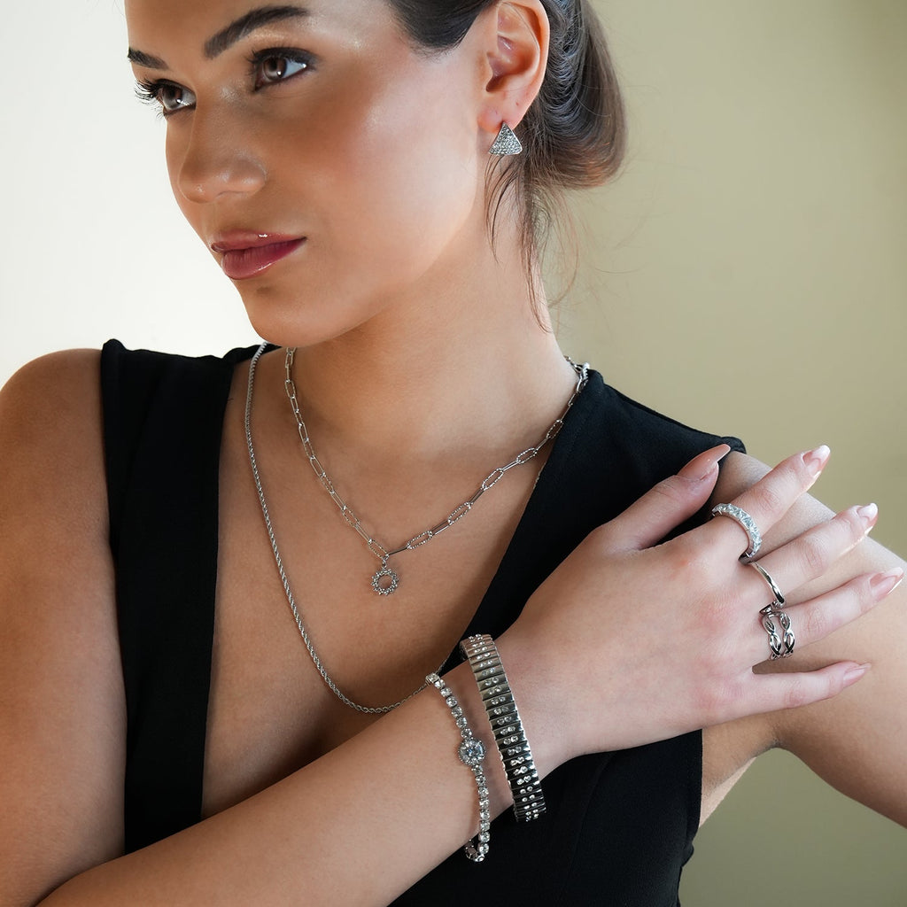 DE SAO : bracelet argenté style montre rétro, double rangée de zircons (CZ)