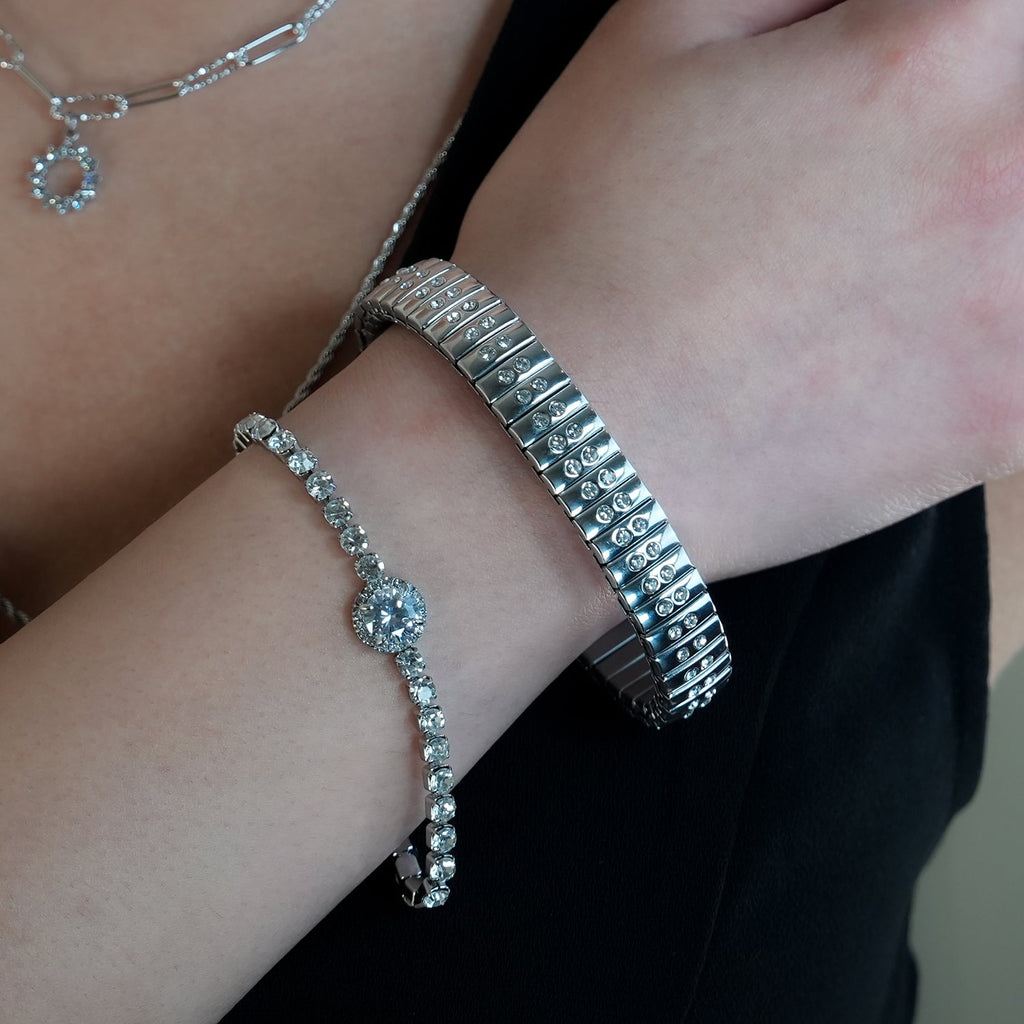 DE SAO : bracelet argenté style montre rétro, double rangée de zircons (CZ)