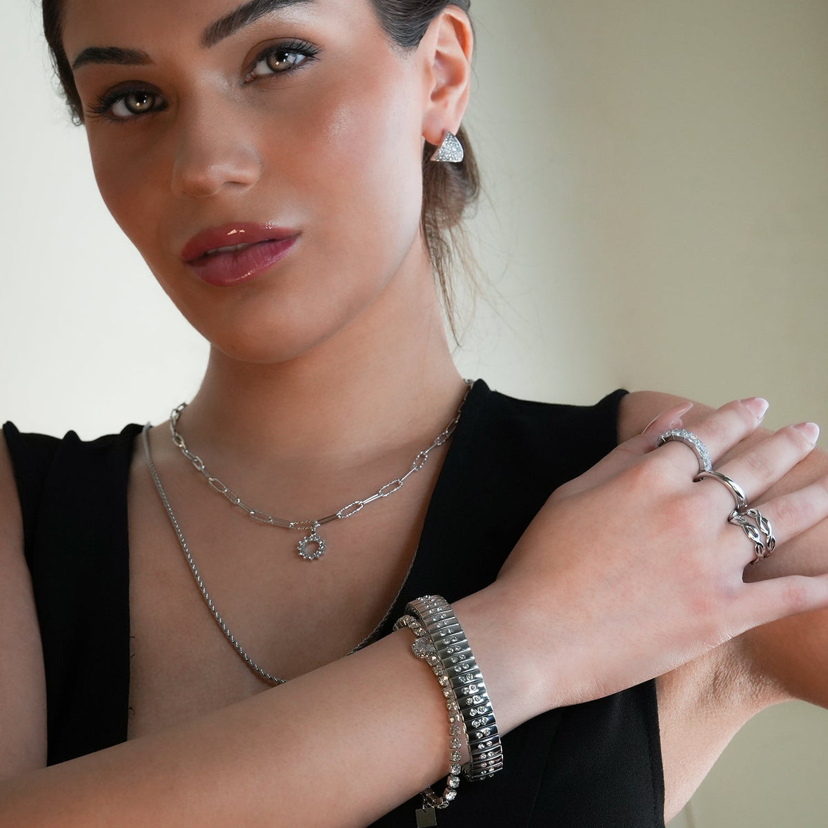 DE SAO : bracelet argenté style montre rétro, double rangée de zircons (CZ)