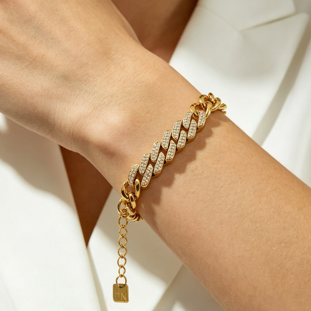 DOBBIO Or : bracelet à maillons cubains pavé, chaîne d'exception
