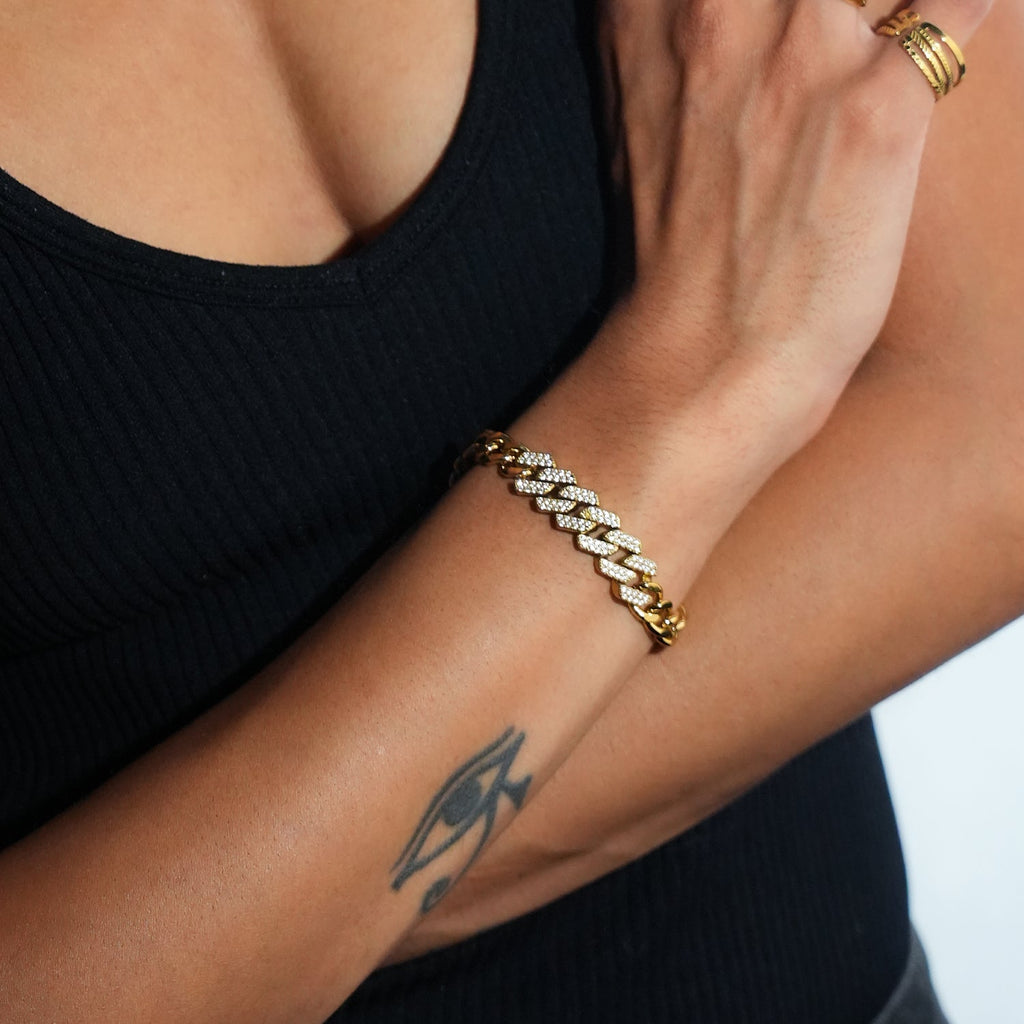 DOBBIO Or : bracelet à maillons cubains pavé, chaîne d'exception