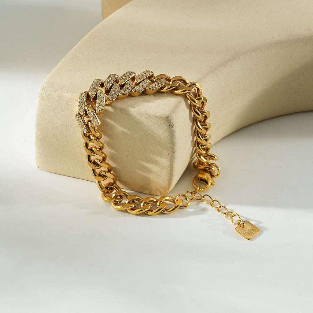 DOBBIO Or : bracelet à maillons cubains pavé, chaîne d'exception