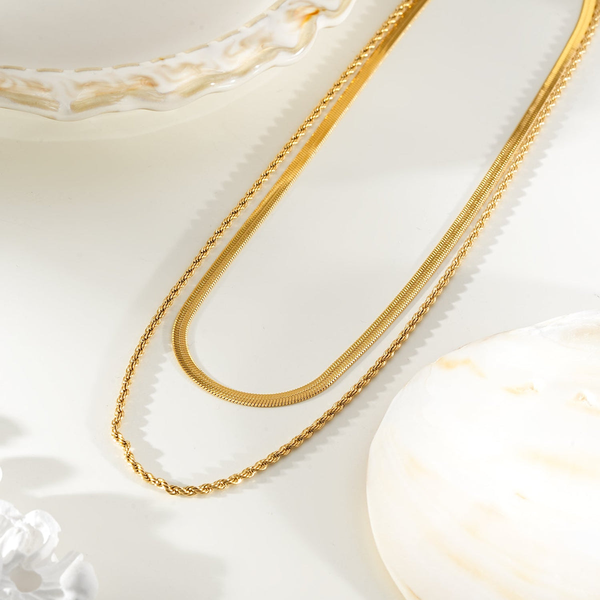 FAWZIA Or : collier 2 rangs, chaîne serpent plate et chaîne corde