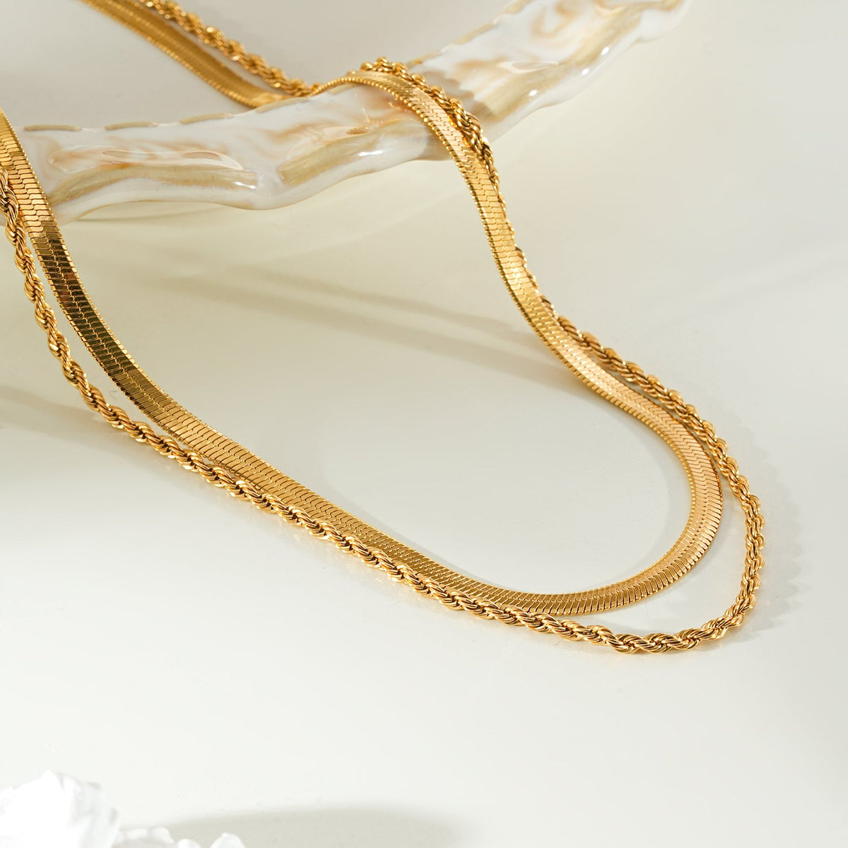 FAWZIA Or : collier 2 rangs, chaîne serpent plate et chaîne corde