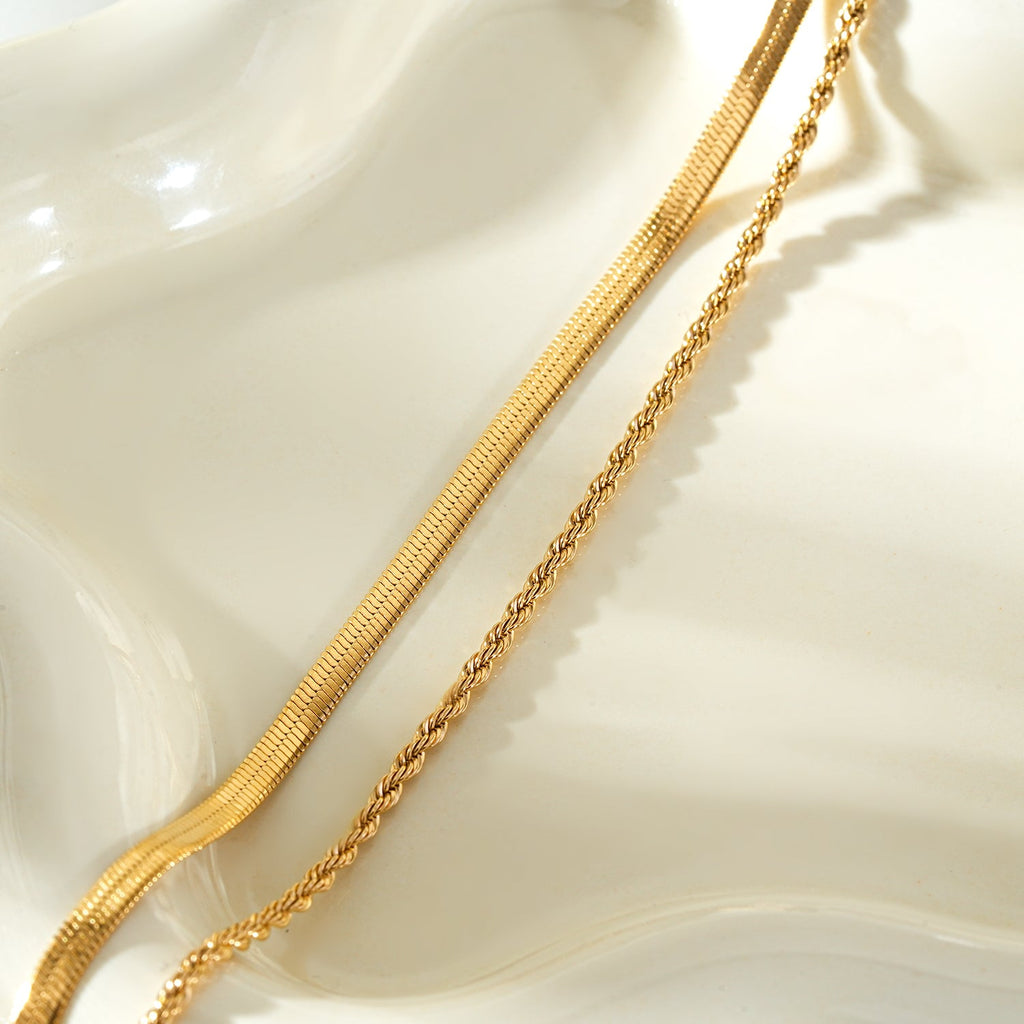 FAWZIA Or : collier 2 rangs, chaîne serpent plate et chaîne corde