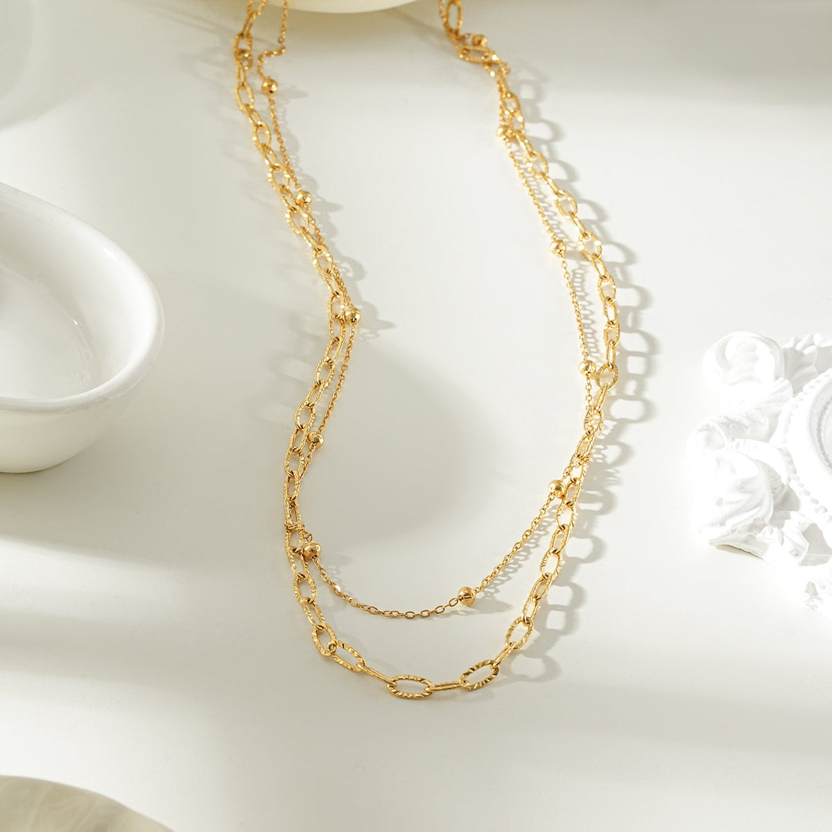 CASTILIA Or : collier double chaîne trombone et chaîne perlée
