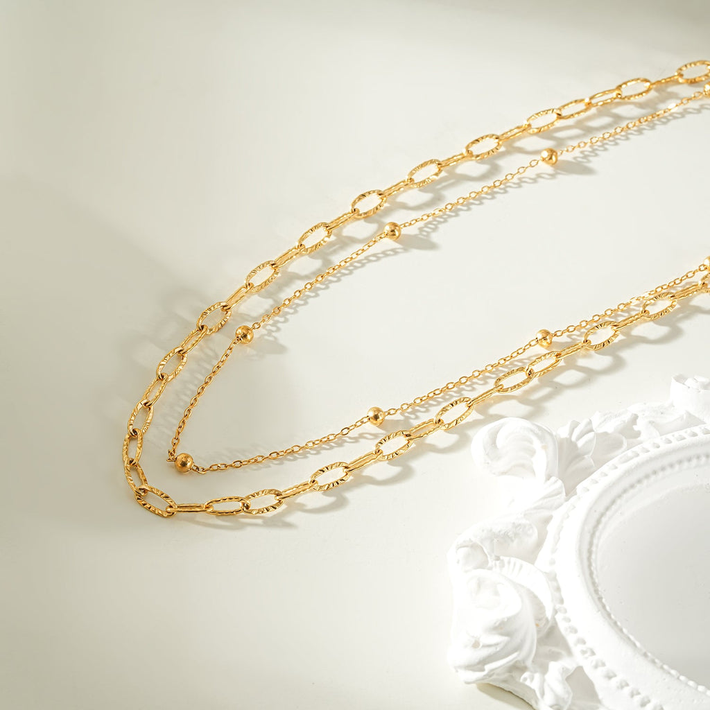 CASTILIA Or : collier double chaîne trombone et chaîne perlée
