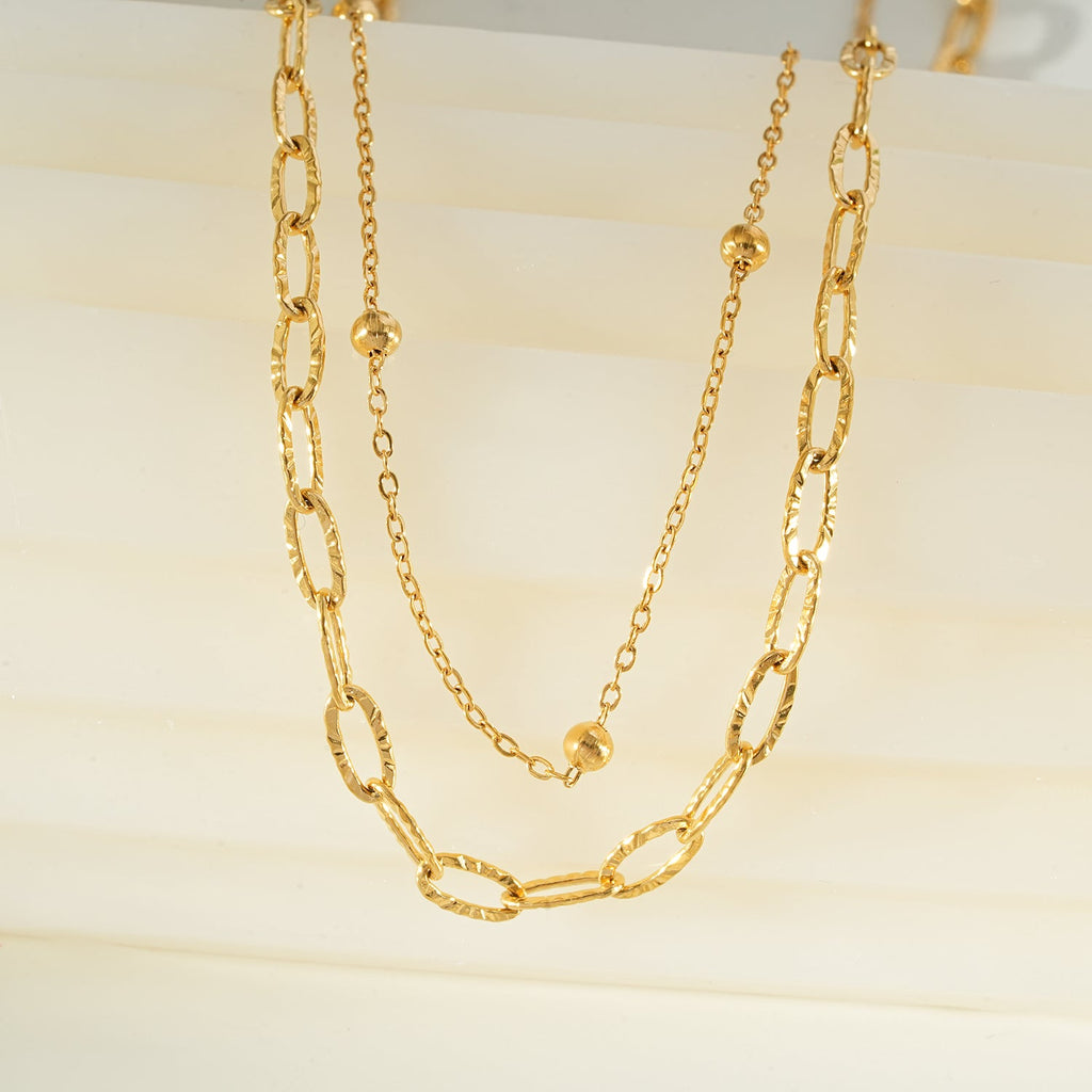 CASTILIA Or : collier double chaîne trombone et chaîne perlée