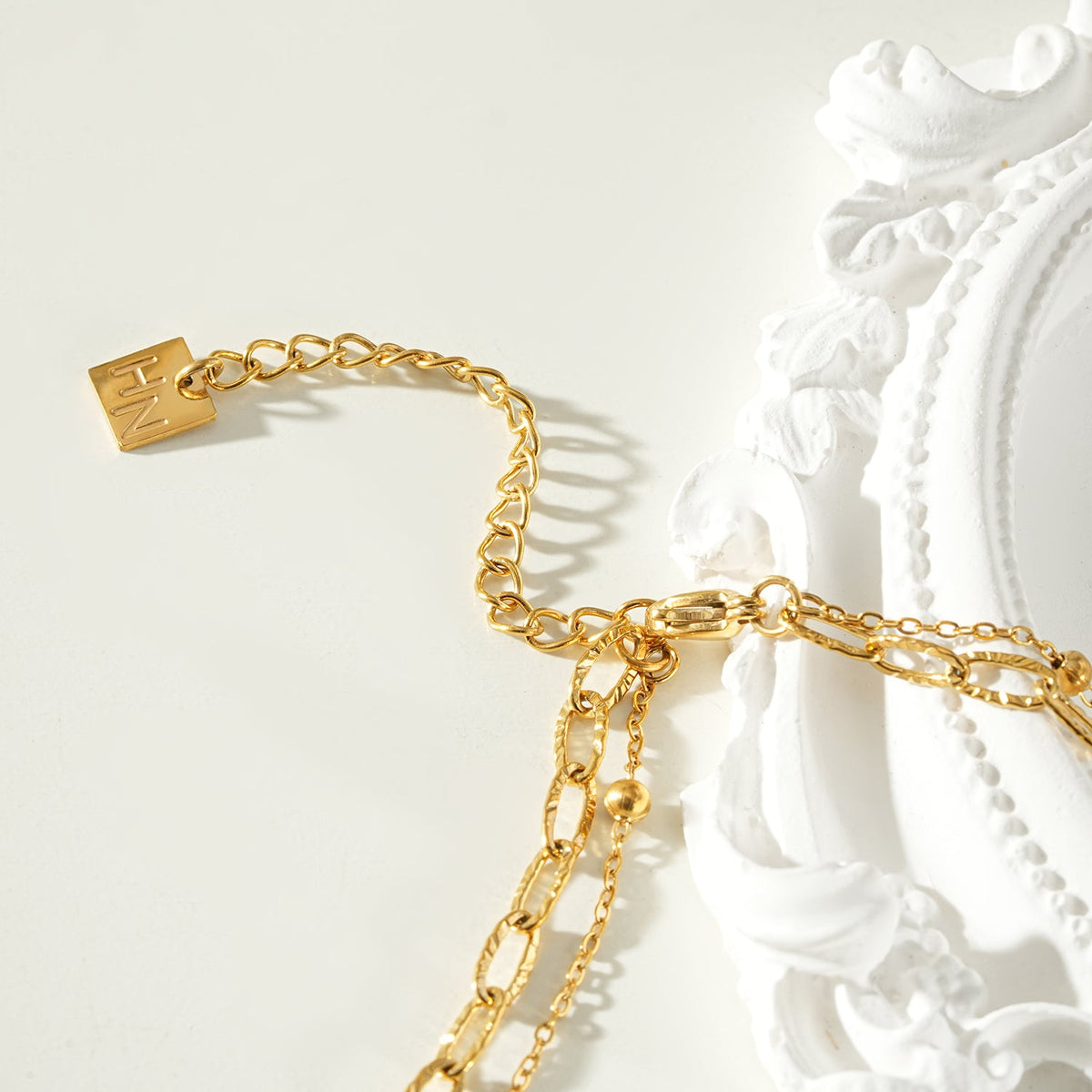 CASTILIA Or : collier double chaîne trombone et chaîne perlée